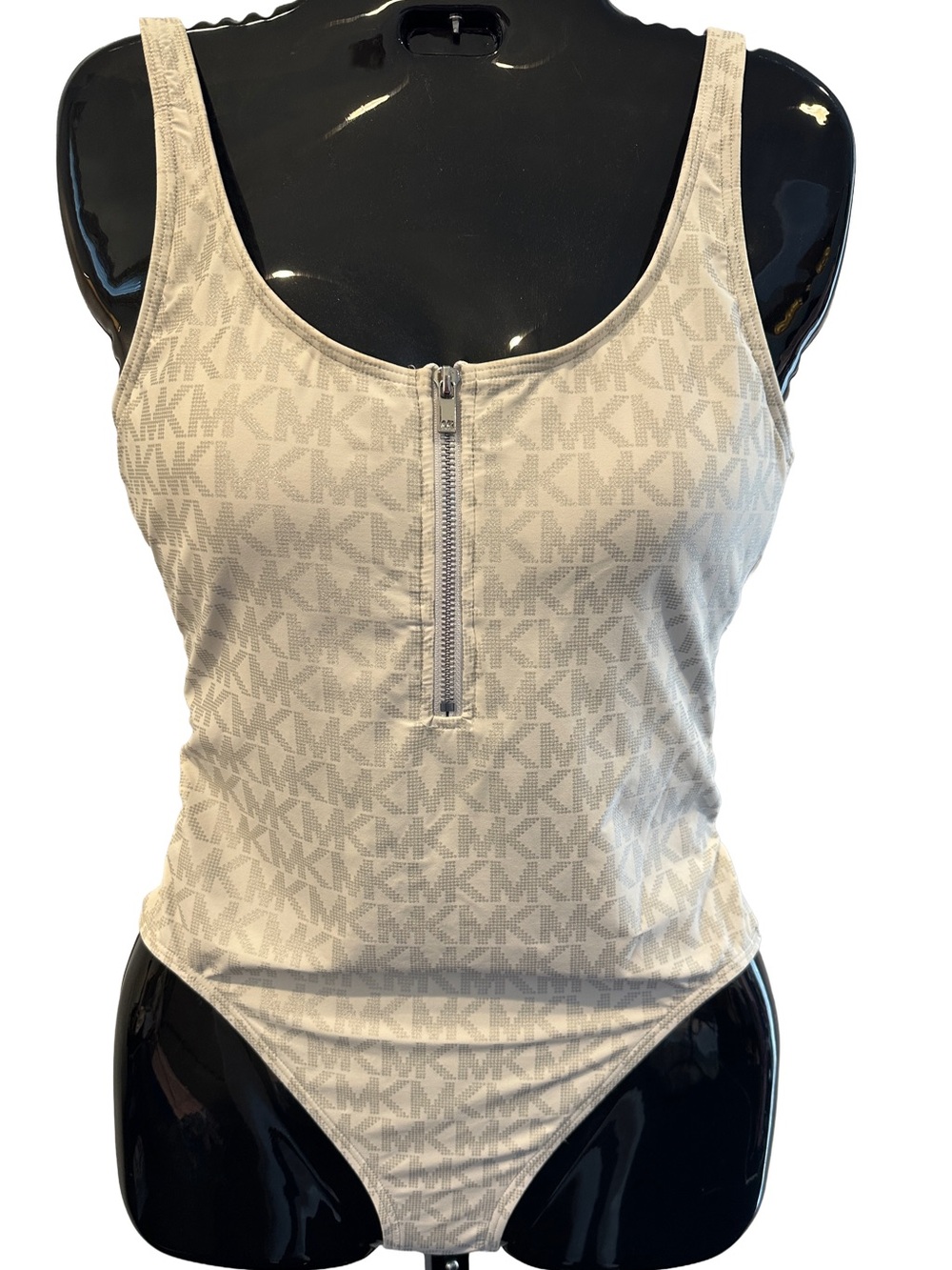 MICHAEL Michael Kors Silver White Logo Zip-Front One-Piece Swimsuit S